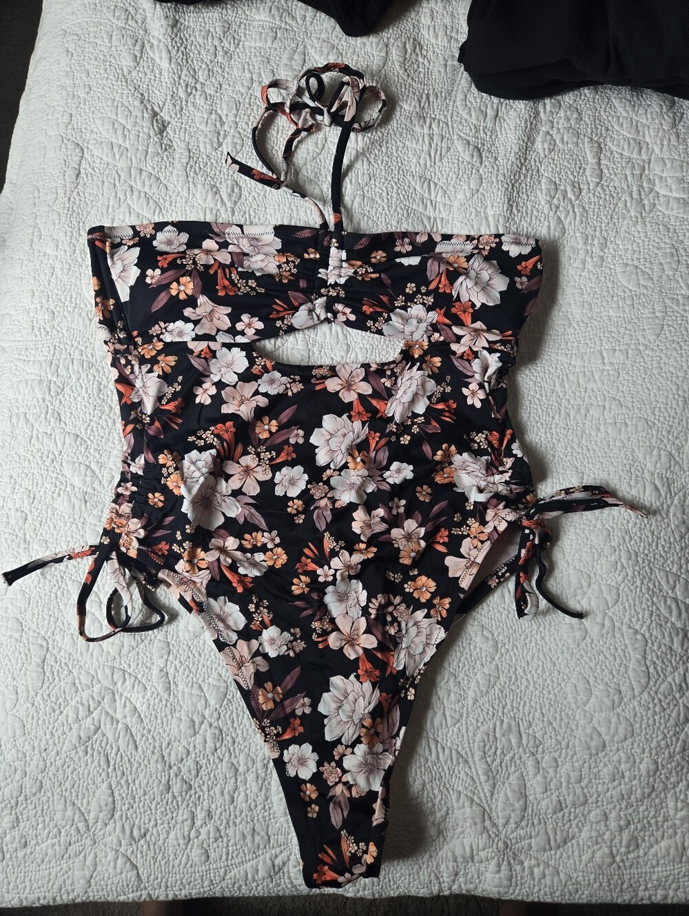 Shade & Shore Black Floral Cutout One-Piece Swimsuit with Pink & Orange Flowers